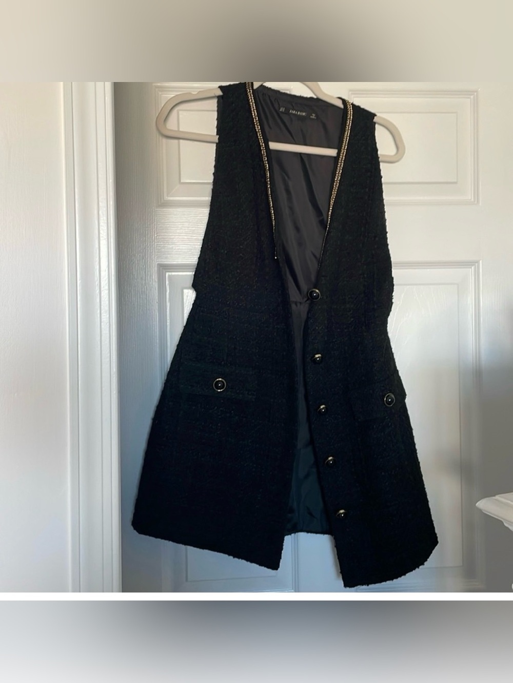 Zara Black Tweed Vest with Gold-Trimmed Neckline